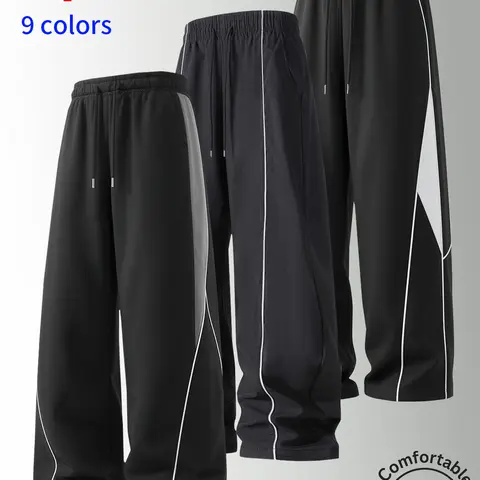 3-pack men’s trendy sports straight-leg pants for spring/autumn, side gray contrast color paneling, urban street fashion versatile casual trousers, lightweight polyester fabric, suitable for everyday workouts.