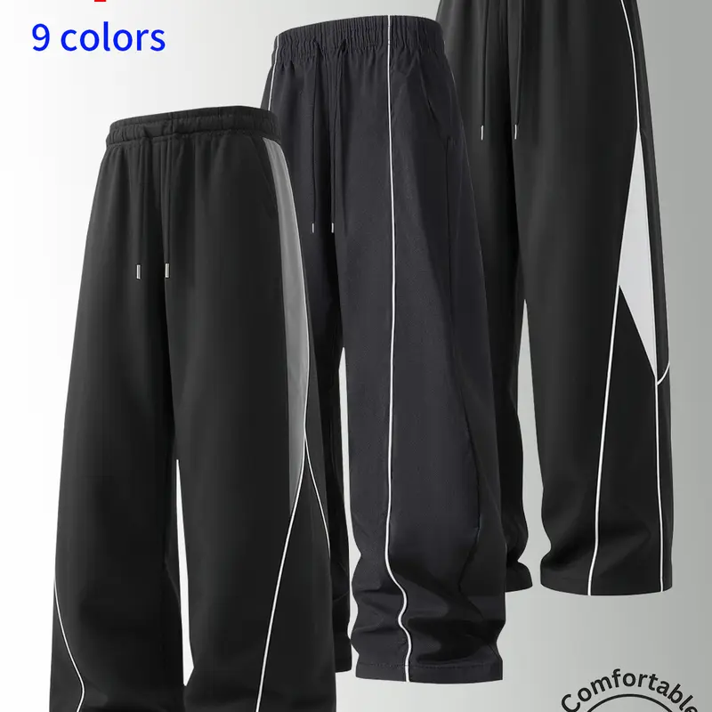 3-pack men’s trendy sports straight-leg pants for spring/autumn, side gray contrast color paneling, urban street fashion versatile casual trousers, lightweight polyester fabric, suitable for everyday workouts.