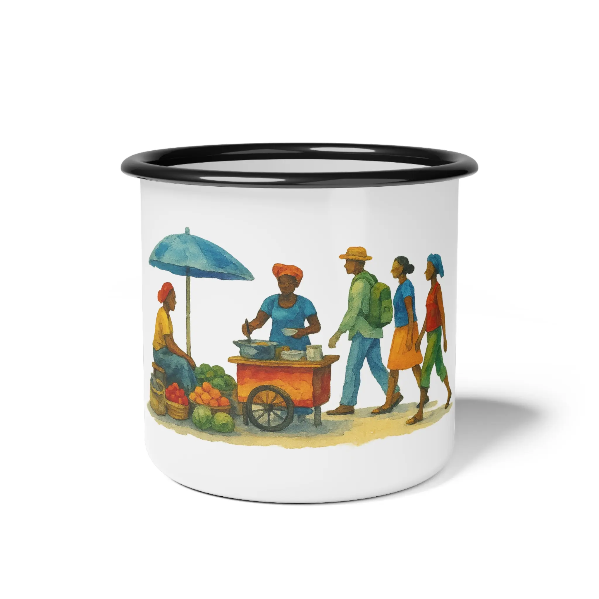 Glossy Finish 12 oz BPA-Free Steel Enamel Camp Cup - Single Size, Vibrant Street Vendor Market Scene Art, Lightweight Travel Mug for Outdoor Camping