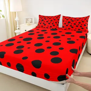 Ladybug Bedding Set,Red and Black Bed Set for Girls Teens Bedroom Decor Kids Polka Dot Pattern Fitted Sheet Soft Cartoon Theme Bed Cover(1 Fitted Sheet ) No Flat Sheet, Polka Dots, Vibrant