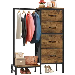 Dresser with Hanging Rack, 4 Drawers Small Closet for Bedroom, Reversible Fabric  Chest of Drawers with Clothes Rack, Tall Storage Tower, Sturdy Frame, Rustic Brown, 44''H