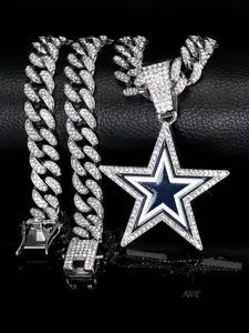 Hip-Hop Charm Sparkling Blue Five-Pointed Star Pendant, Iced Out Cuban Chain Necklace, CZ Bling, Unisex Punk Style, All Seasons Jewelry