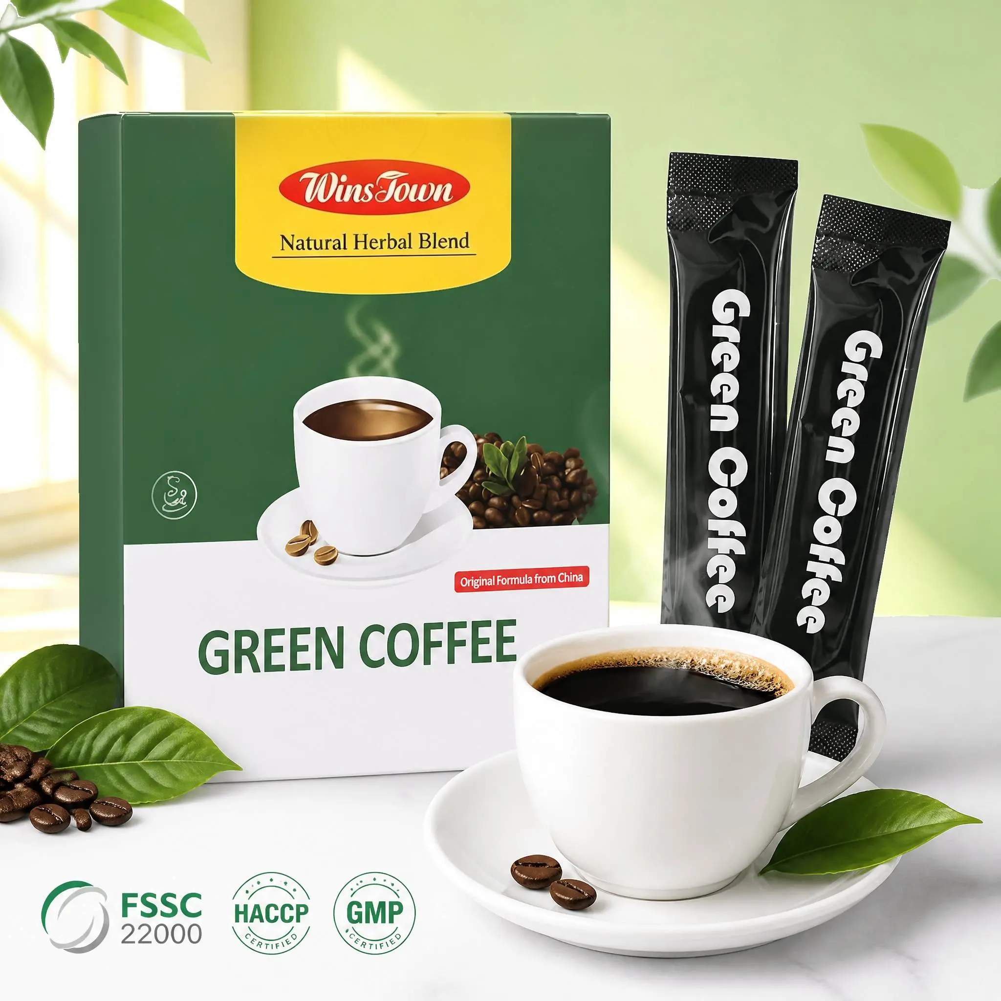 WinsTown Original Green Coffee - 200g 10-in-1 Natural Herbal Blend Supplement, Sugar-Free, Cholesterol-Free Instant Brew Coffee, 20 Single-Serve Sachets for Daily Use