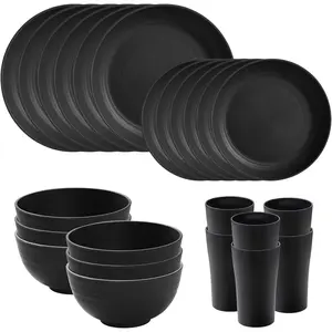 24 count Wheat Straw Dinnerware Sets of 6, Kitchen Plates and Bowls Sets, Unbreakable Plastic Dish Set for Camping, Dishwasher Microwave Safe, Kitchen and Dinning Essentials, Black