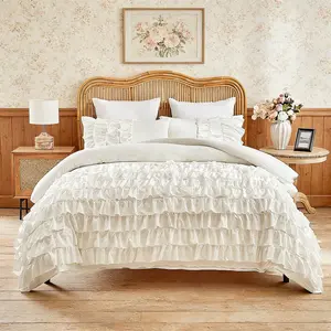 Ten-layer ruffled duvet cover set (2/3 counts), with zipper and corner straps, no filling, French romantic style bedding set, bohemian style bedroom decor, soft, comfortable and breathable, white and khaki colors, gift set, all seasons.