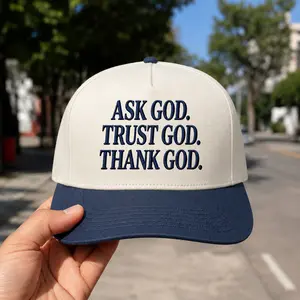 Ask God Trust God Thank God Embroidered Baseball Hat - Christian Faith Snapback Cap - Religious Inspirational Two-Tone Trucker Hat - Bible Verse Prayer Hat for Men & Women - Aesthetic Spiritual Gift H