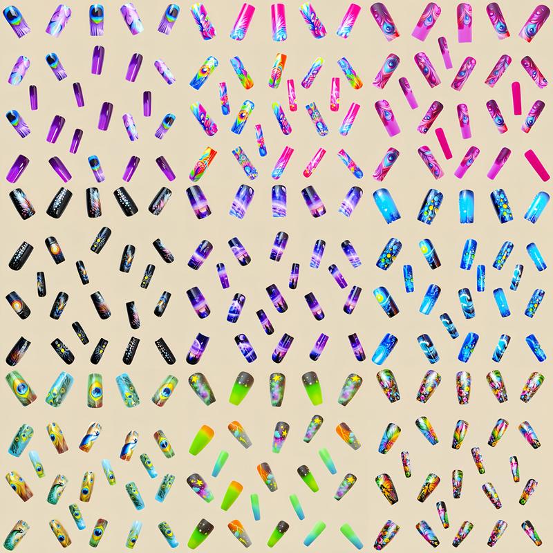 (216 Pieces) 9 Sets of Vibrant Press-On Nails - Mixed Colors, Floral, Cosmic, and Geometric Patterns, Medium Almond Shape, Glossy Surface - Diverse Styles, Fashionable Nail Art, Vibrant Nail Art | Pattern Embossing | Complex nail designs, nail accessories