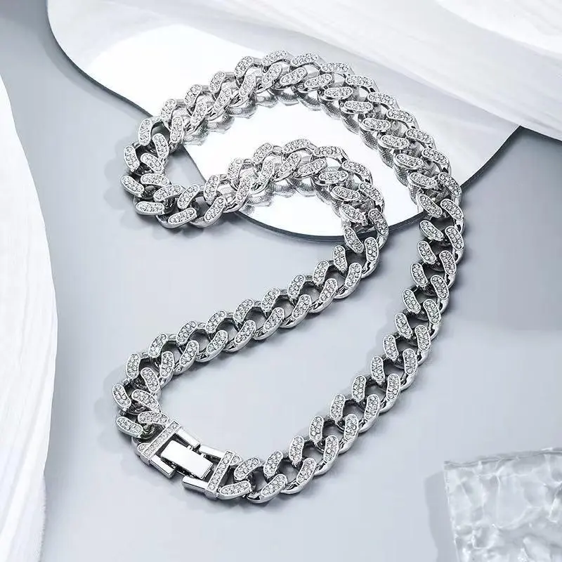 Full Crystal Paved Silver-Plated Cuban Link Necklace - Sparkling Rhinestone Style Hip Hop Jewellery with Secure Box Clasp, Shiny Miami Chain Costume Jewelry for Men, Ideal for Party Wear, Night Club, Jewelry For Women