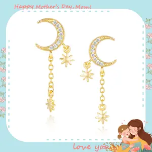 KINHOPI Earrings for Women Trendy Hypoallergenic Cubic Zirconia Dainty Star Moon Dangle Earring Statement Long Drop Chain Earrings Fashion Jewellery Gifts for Her