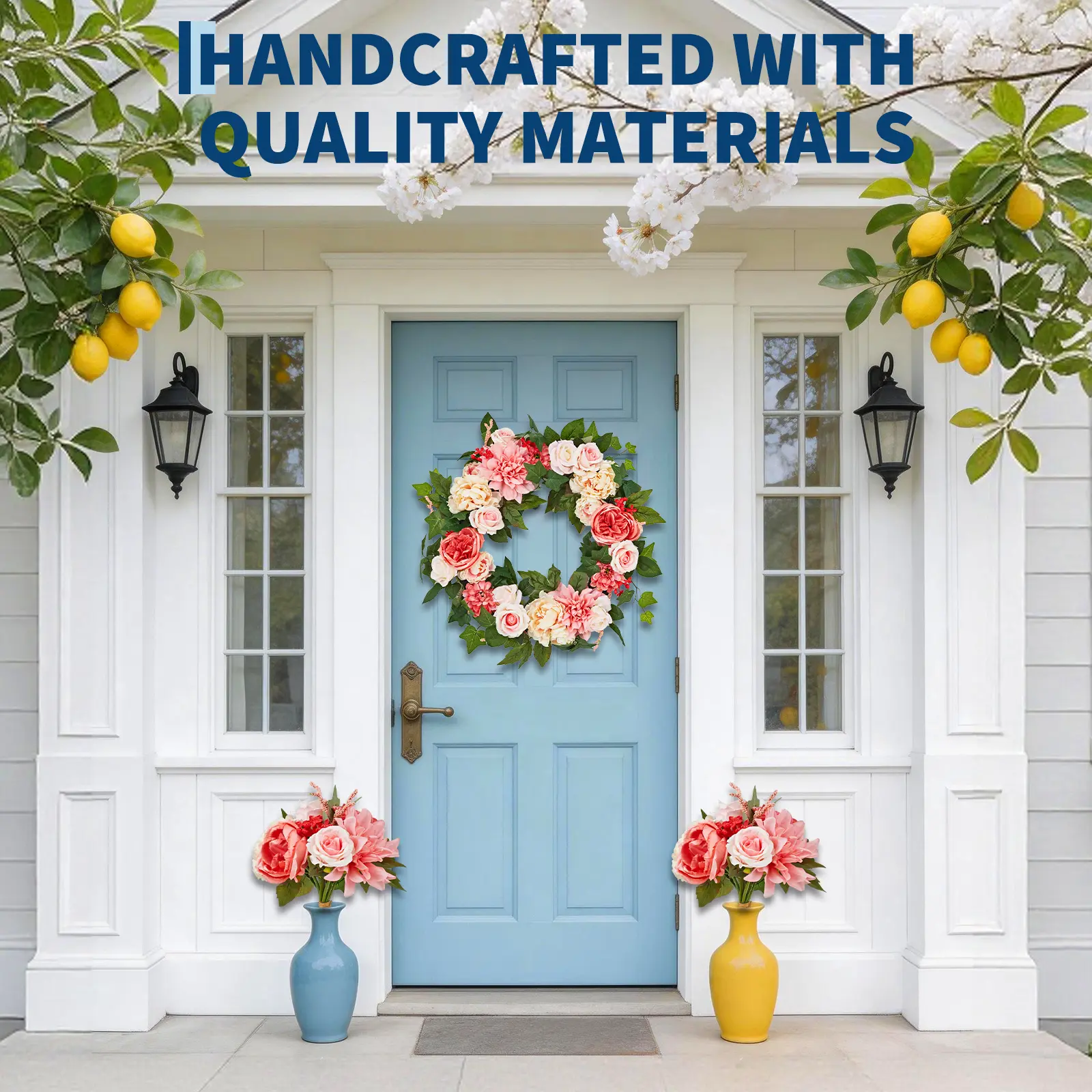 24in Spring Peony & Dahlia Wreath, Artificial Floral Wreath with Rattan Base, 18/22/24 Inch for Front Door Decor