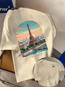 Men's Fashion Eiffel Tower Pattern T-Shirt, Casual Streetwear, Regular Fit Short Sleeve Summer Top, Loose-Fitting Outdoor Clothing