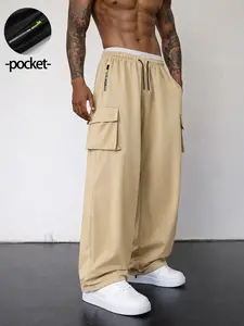 Mens Cargo Pants Baggy Wide Leg Drawstring Trousers with Zipper Pocket and Flap Pockets Loose Fit Streetwear Track Pants for Daily Wear Travel Commuting Skating Workwear Inspired Casual Utility Outfits