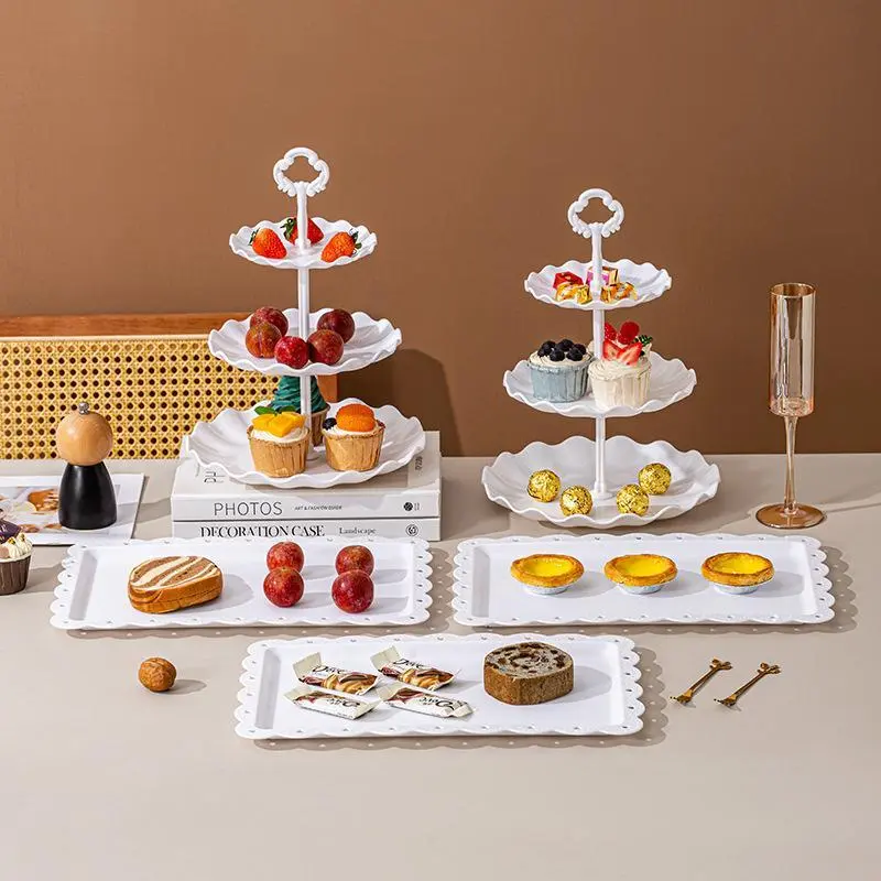White 5pcs Plastic Dessert Table Decor Set - 2 Large 3-Tier Light Princess Chocolate Cupcake Stands, 3 Appetizer Trays for Party Events