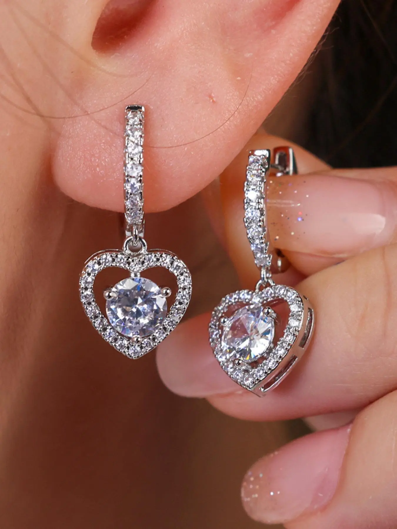 Heart Shaped Rhinestone Decor Dangle Earrings, Dangling Earrings, Fashionable Jewelry for Women & Girls, Trendy All-match & Exquisite Jewelry for Birthday Gift