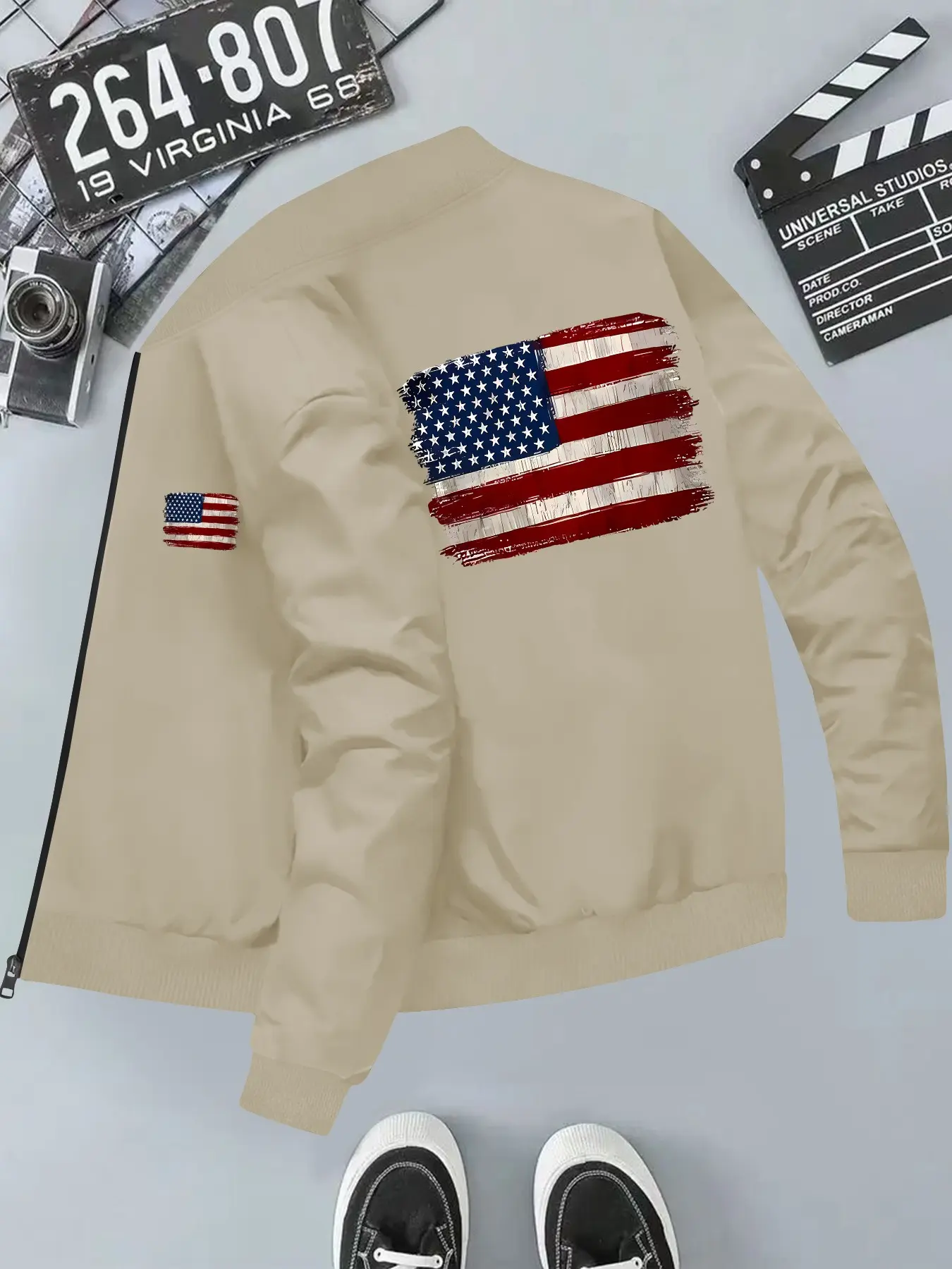 American Vintage Patriotic Windproof Classic Baseball Jacket, Versatile Outerwear, Long Sleeve Fitted Casual Coat, Geometric Pattern, All Seasons
