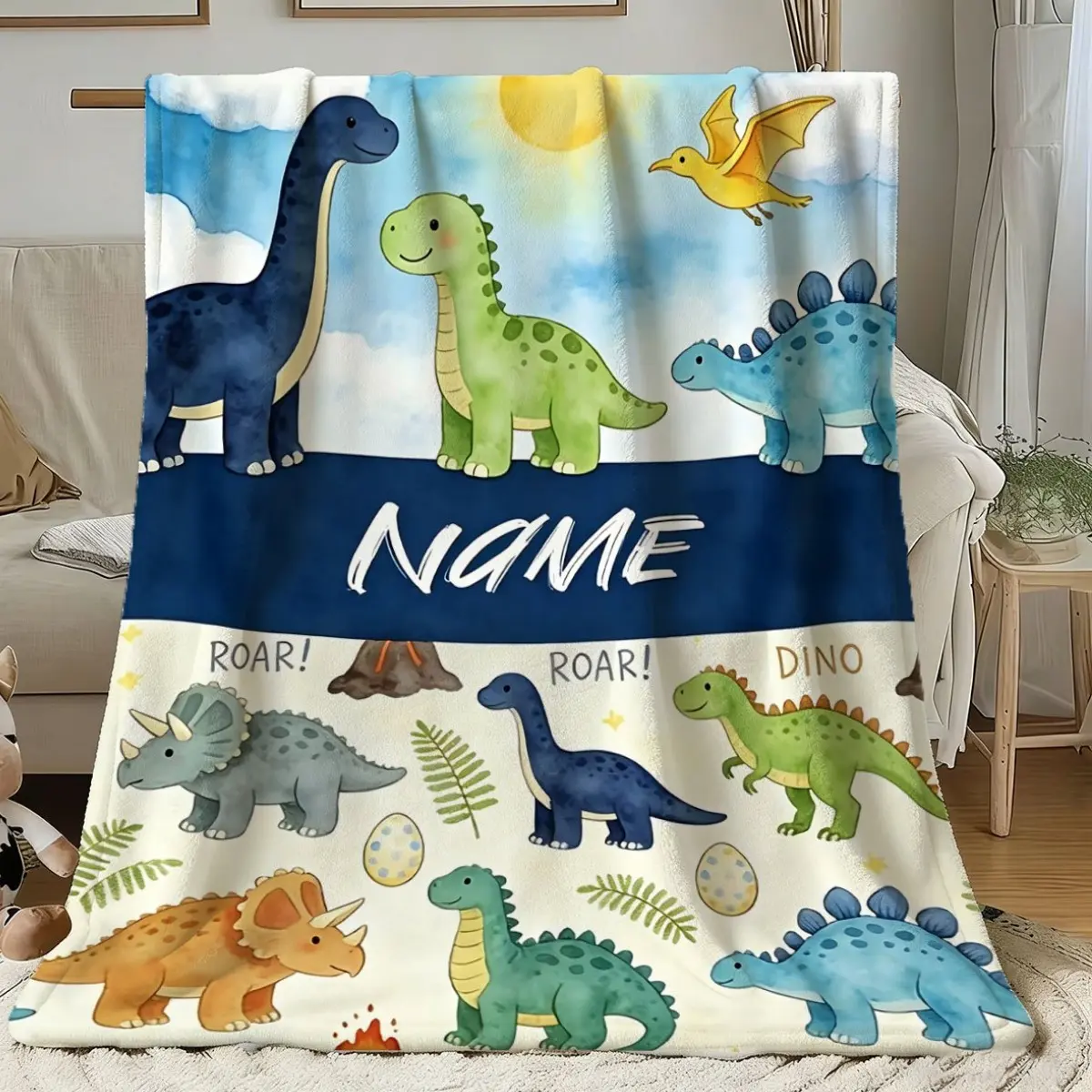 1pc Custom Name Cartoon Dinosaur Blanket | Soft Flannel Material, Suitable for All Seasons, an Ideal Gift for Friends and Family, Featuring a Fun Design and Comfortable Texture. Lightweight Flannel, Suitable for Sofas, Travel Camping, Living Rooms, Flanne