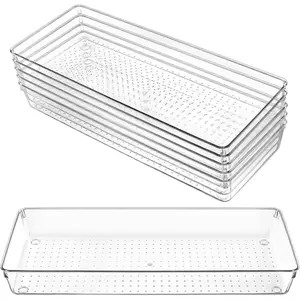 6 Pack Clear Drawer Organizer Trays 15 x 6 x 2 Inch Large Size Clear Plastic Desk Drawer Storage Bins Container Desk Drawers Divider Storage Bins for Utensils Junks Vanities Makeups
