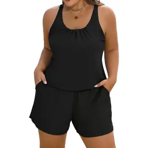 Women's Plus Size Swim Romper One Piece Swimsuits Modest Bathing Suit with Pockets (S-24W)