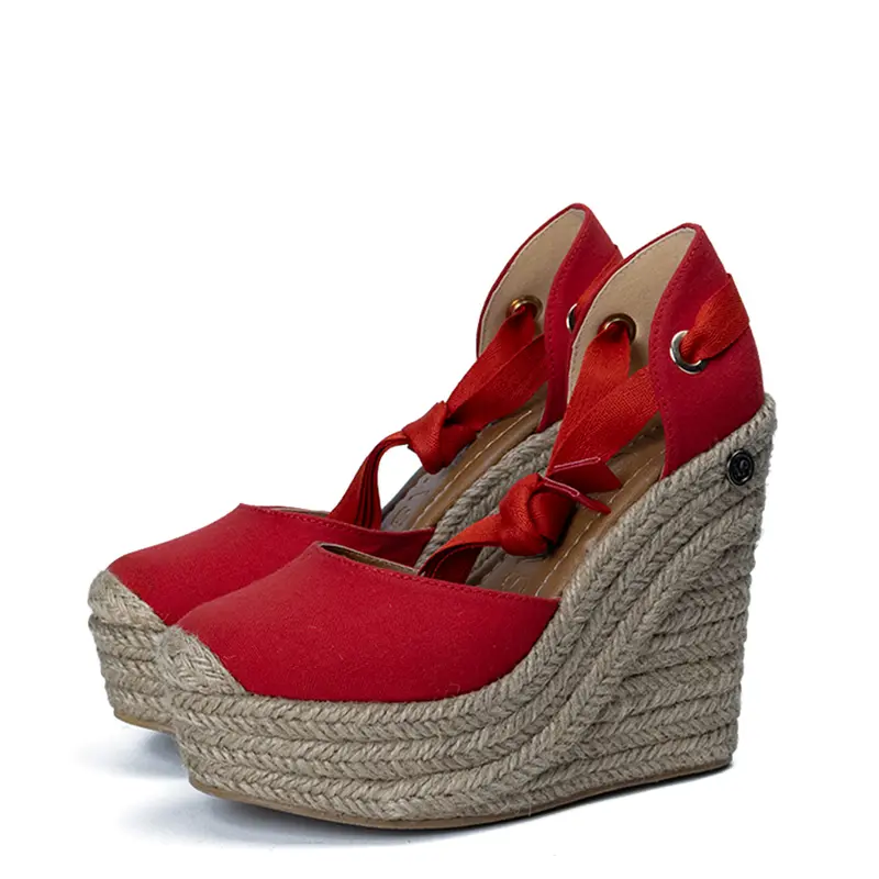 Women's Elegant Linen Platform Wedge Shoes - Closed Toe, Side Lace-Up, Patterned, Light & Slip-Resist High Heels, Flexible Comfortable Wedge Sandals for Fashion, Casual Wear