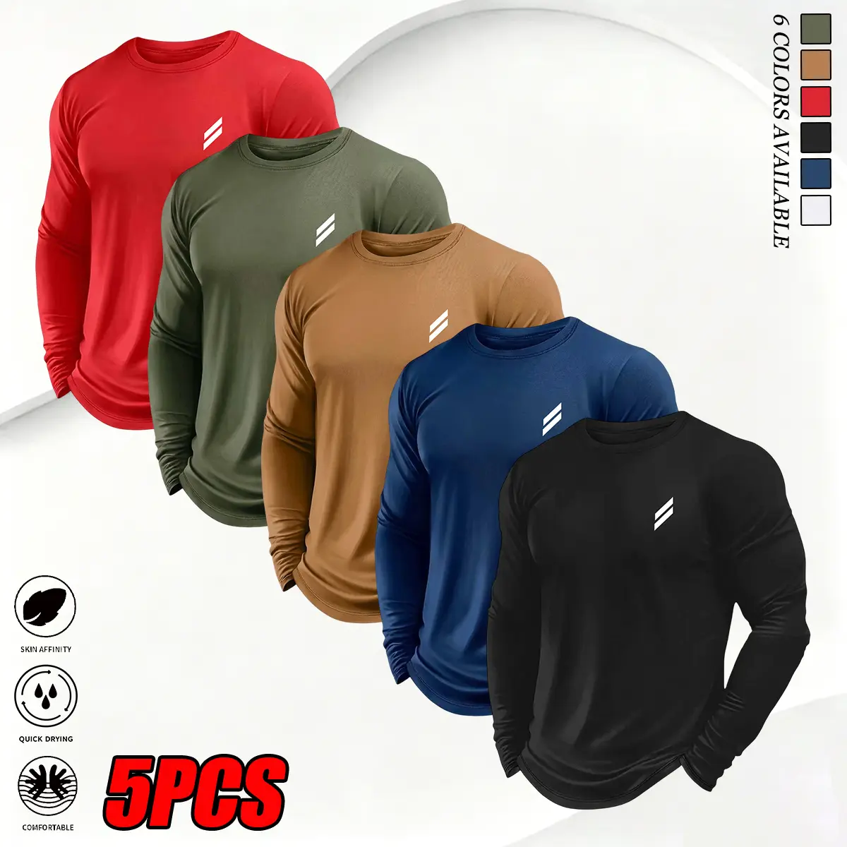 JOGWAVE 5PCS Men’s Printed Long Sleeve T-Shirts, moisture-wicking quick-dry athletic fit, soft tops suitable for training and running, great value set, SummerWins fitness apparel, fitness T-shirts, sports T-shirts, crewneck quick-dry activewear, workout b