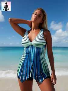 2026 Trendy Tankini Two-Piece Swimsuit – Striped V-Neck Sleeveless Asymmetrical Hem Boxer-Style Shorts; Flattering, Modest Full Coverage; High-Stretch Knit; Elegant, Chic Striped Swimwear for Summer Beach, Pool Parties, Vacations; Women’s Plus-Size  skirt