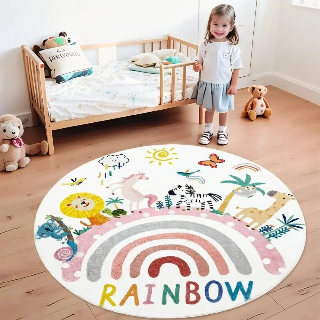 Kids Playroom Rug 4Ft Round Rainbow Animal Child Bedroom Carpet Playmat for Boys Girls Cute Circle Jungle Area Rug Soft Crawling Nursery Mat, Washable modern non-slip