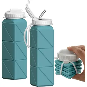 Collapsible Water Bottles with Straw 20.6oz, Silicone Foldable Portable Water Bottle, BPA-Free, Leakproof Reusable for Travel Camping Hiking Cycling Yoga Sports, 1 Pack (Blue)