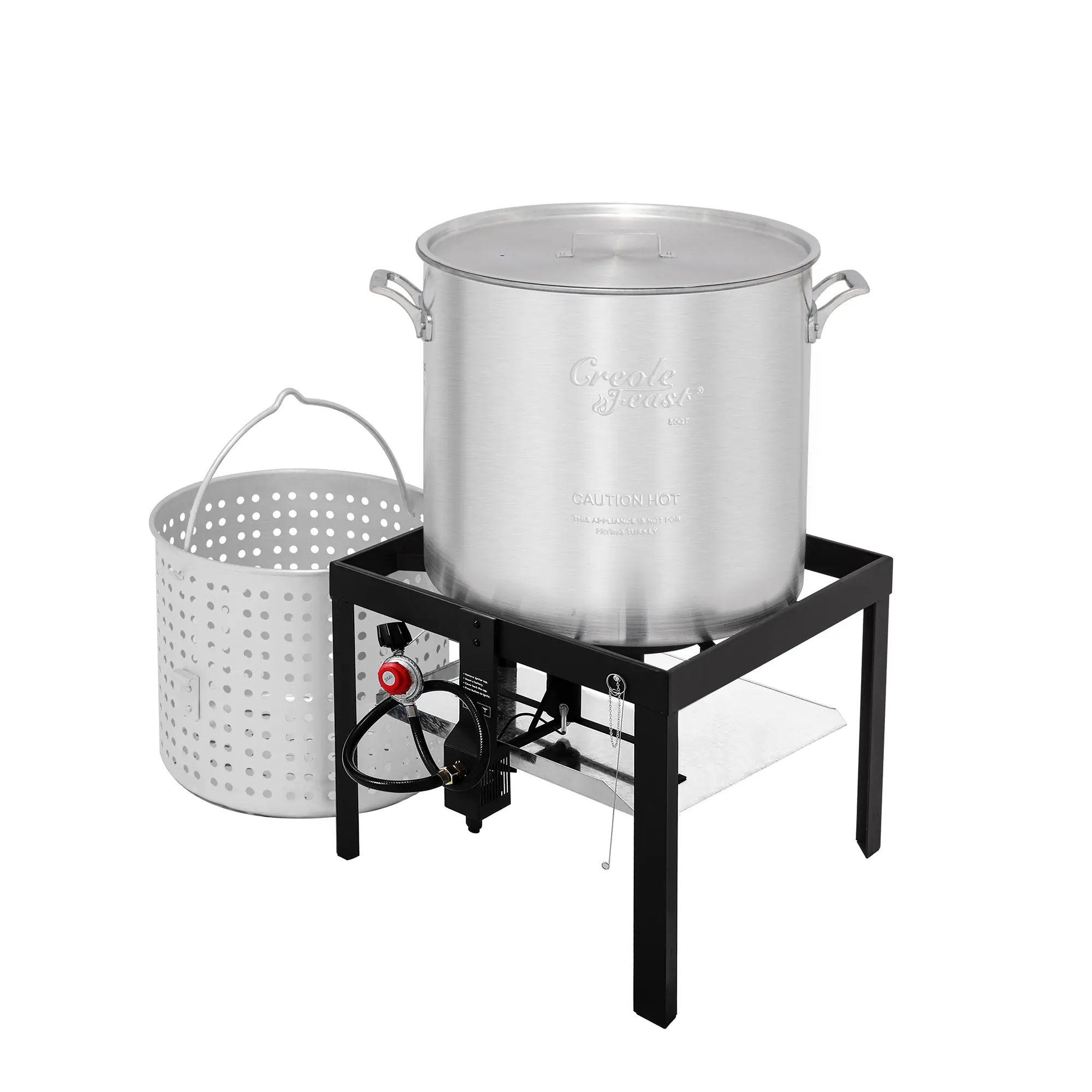 Creole Feast SBK0801 80 QT Seafood Boiling Kit, 100,000 BTU Propane Boiler with Strainer & 10 PSI Regulator, Complete Aluminum Outdoor Cooker for Shrimp, Crab, Crawfish, Black & Silver