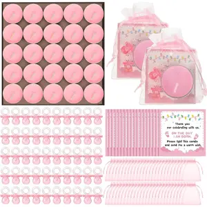 50 Sets Baby Shower Favors for Guests Include Cute Baby Pacifier, Tea Light Candles and Thank Tags Chiffon Bags with Drawstring for Birthday Gift Bulk Gender Reveal Supplies(Pink)