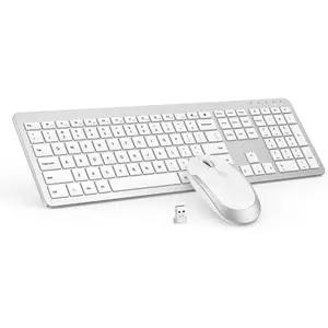 Wireless Keyboard and Mouse Combo - Full Size Slim Thin Wireless Keyboard Mouse with Numeric Keypad 2.4G Stable Connection Adjustable DPI (White &amp; Silver)