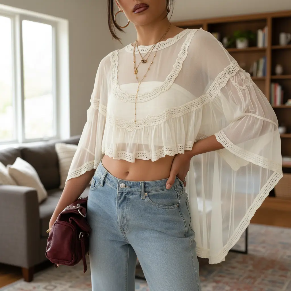 Women's Sheer Lace Cropped Blouse - Bohemian Flowy Chiffon Top with 3/4 Batwing Sleeves for Festival, Casual Wear
