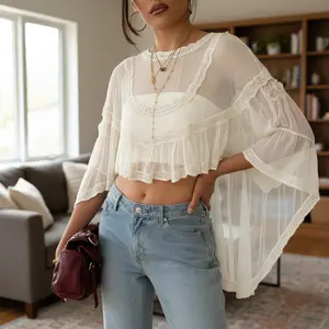 Women's Sheer Lace Cropped Blouse - Bohemian Flowy Chiffon Top with 3/4 Batwing Sleeves for Festival, Casual Wear