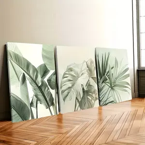 2D flat framed painting, 3-piece set of minimalist natural plant leaf and landscape art canvas posters, ready to hang and use, high-definition printing, home wall decor, suitable for living room, bedroom, dining room, office decoration, holiday gift