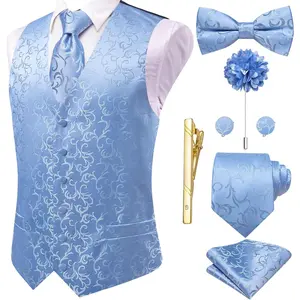 Hi-Tie Silk Mens Suit Vest Tie and Bowtie Lapel Pin Gold Tie Clip Paisley Floral Waistcoat 8PCS Set Tuxedo Wedding Party