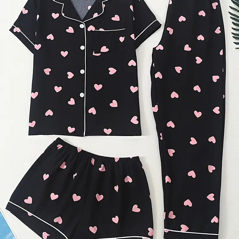 3-Piece Women's Pajama Set, Short Sleeve Open Front Top & Elastic Waist Shorts & Long Pants, Heart All-Over Print, Casual Sleepwear Loungewear, Pj Set