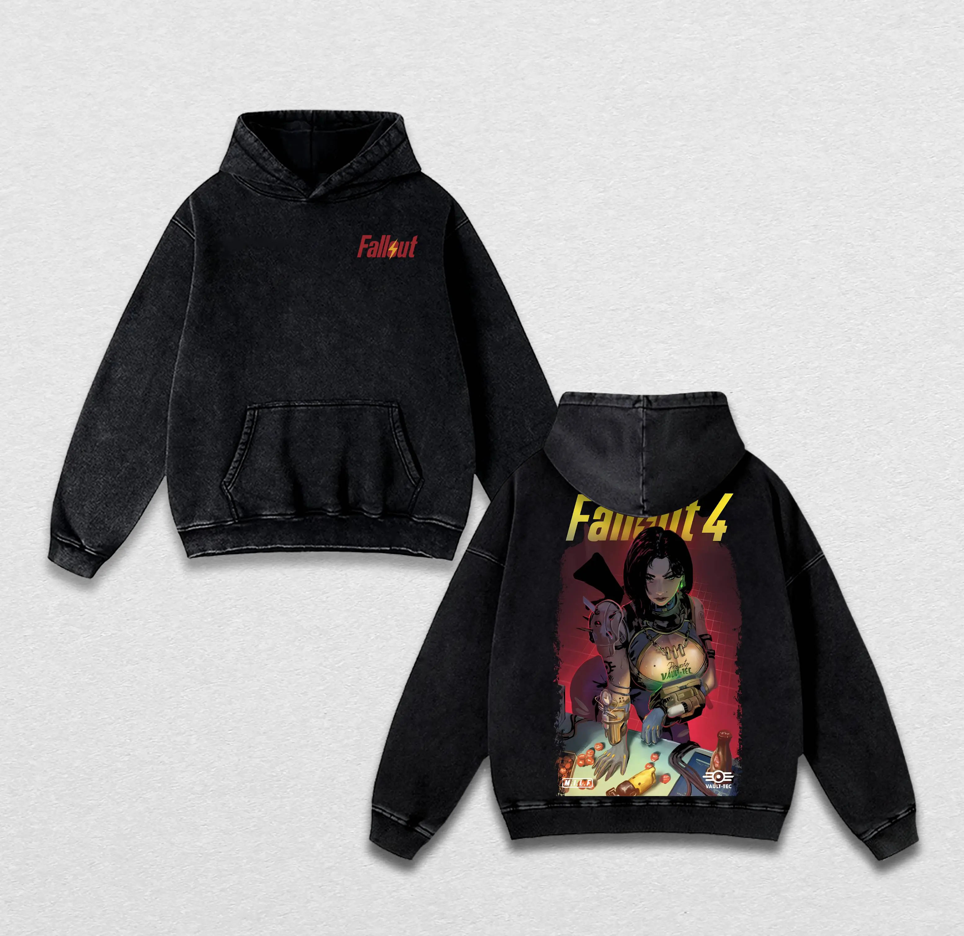 Fallout 4 Retro Long Sleeve Hoodie – Vintage Y2K Washed Heavyweight Shirt | Grunge Gamer Streetwear for Post-Apocalyptic Fans