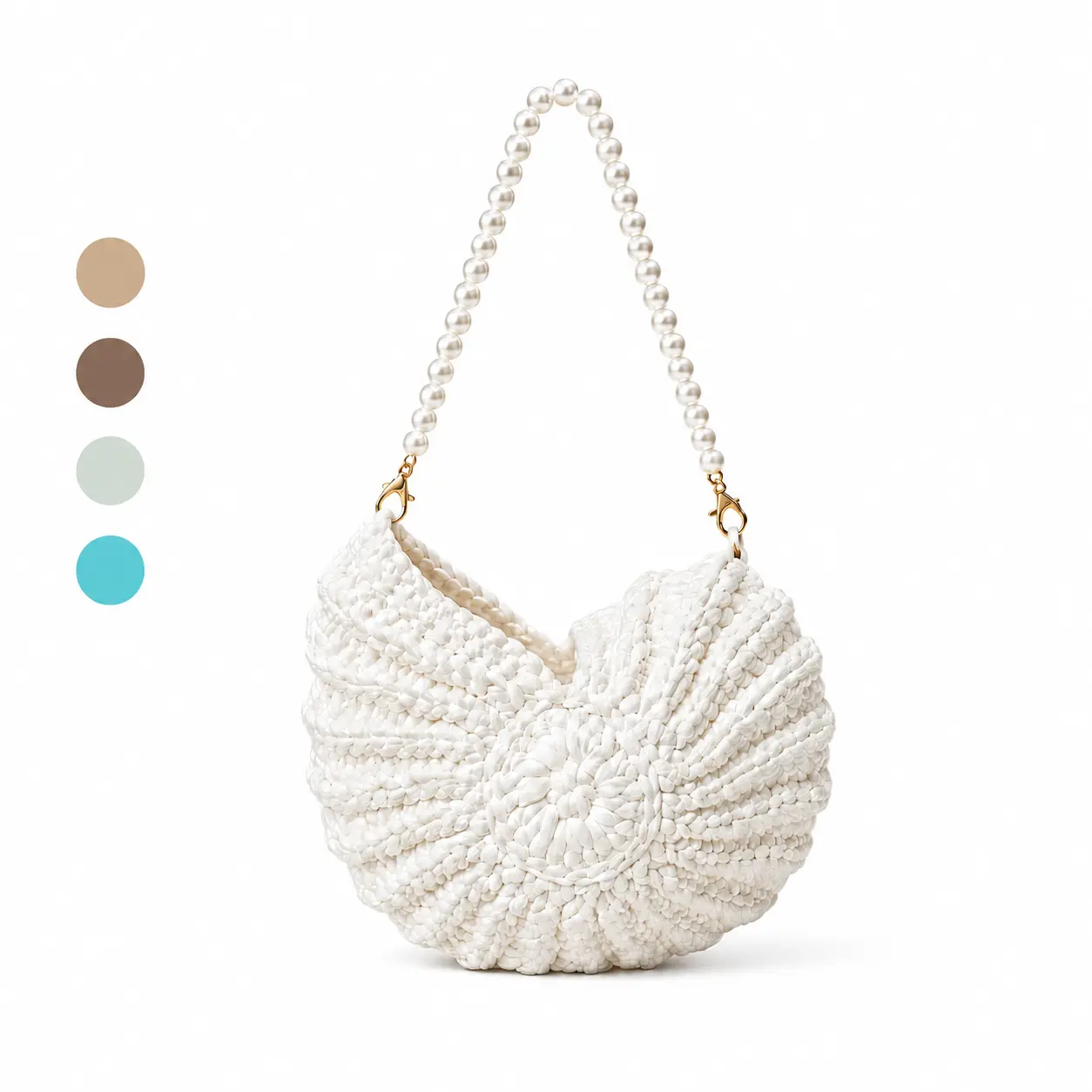Handmade Crochet Seashell Purse with Pearl Chain, Handwoven Shell Bag for Women, Summer Beach Crossbody Shoulder Bag, Small Evening Clutch Handbag