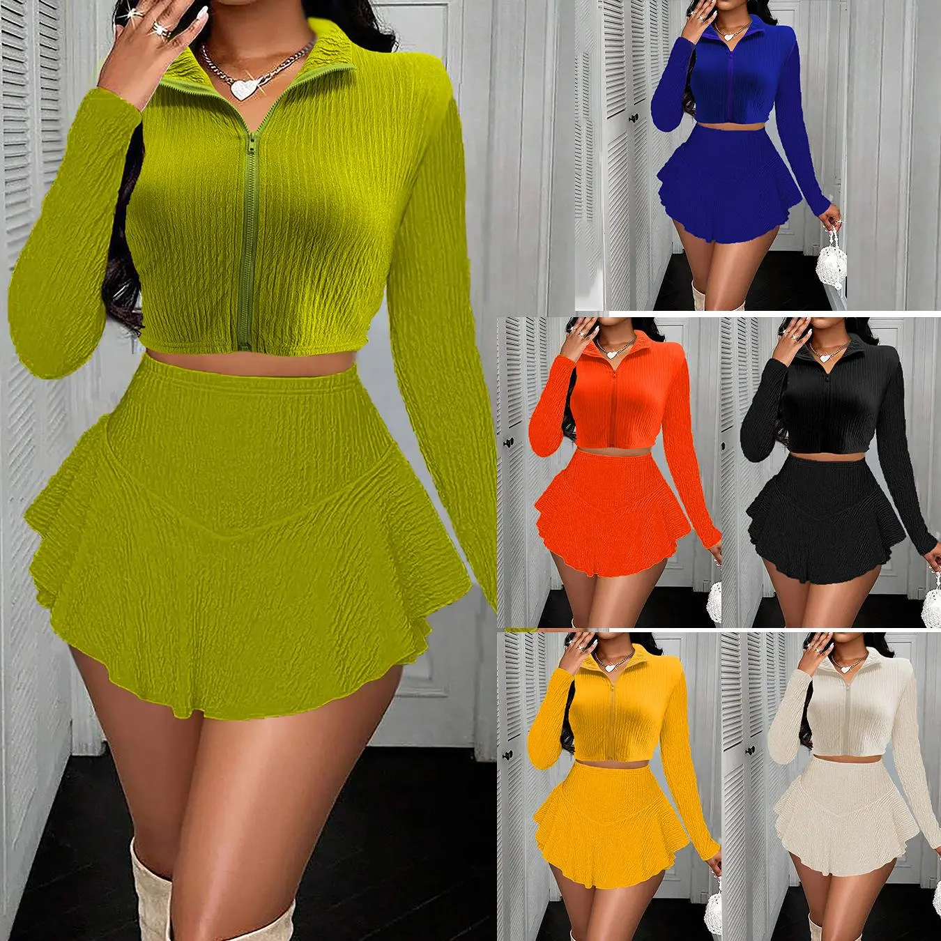 Women's two-piece dress set: a long-sleeved crop top paired with a pleated mini skirt, perfect for parties; or a solid-color zip-up crop top paired with a ruffled skirt.