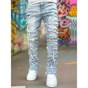 Men's street wear hip-hop stacked splicing slim straight leg pants men's fashion motorcycle denim pants