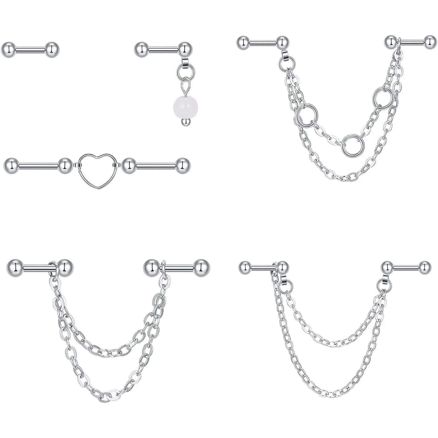 5-Piece 16G Industrial Earrings Set, Surgical Stainless Steel Barbells with Dangling Chains & Heart for Women & Men, Hypoallergenic Nickel-Free Body Jewelry, 3.5Cm, Male, Female