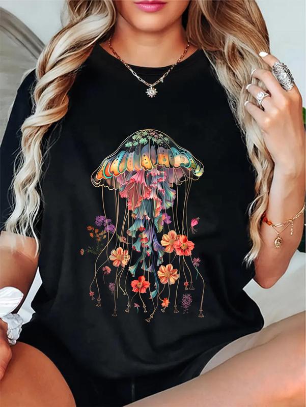 100% Cotton Unisex Jellyfish Flowers Vintage Floral Scuba Diving Surf Round Neck Short Sleeve T-Shirt Women's Men Graphic Tee