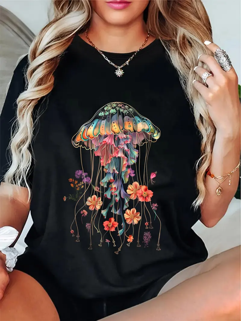 100% Cotton Unisex Jellyfish Flowers Vintage Floral Scuba Diving Surf Round Neck Short Sleeve T-Shirt Women's Men Graphic Tee