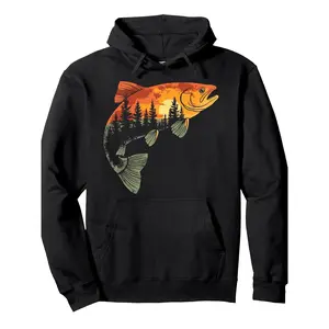 Men's Fishing Hoodie - Trout Fly Fishing Graphic Pullover with Sunset Pine Forest - Black Outdoor Hooded Sweatshirt - Machine Washable Angler Apparel for Fly Fishing Enthusiasts, Angler Clothing, Natureinspired Design, Comfortable Fabric,