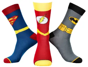 DC Comics Justice League Superman The Flash Batman Socks Men's 3 Pack Superhero Mid-Calf Adult Crew Socks