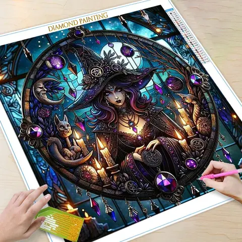 5D DIY Diamond Arts Colorful Painting Kit, 1 Set Witch Pattern Diamond Arts Colorful Painting without Frame, DIY Decorative Art Picture for Beginner, Handmade Gifts, Crafts