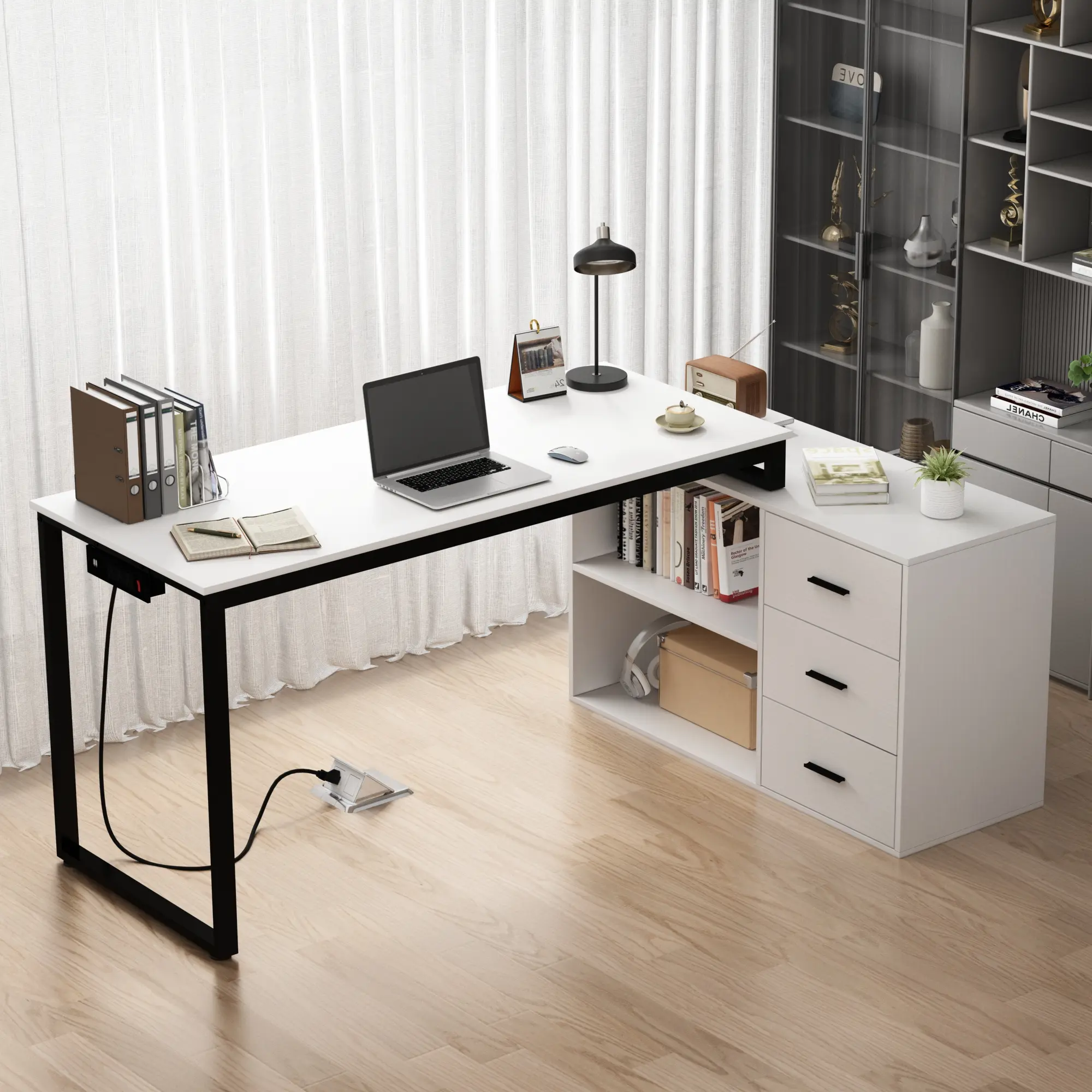 NAIYUFA 55-Inch Large L-Shaped Sturdy Computer Desk - Metal MDF Office Computer Table with Power Outlet, Drawers, Shelves, Fireproof Waterproof Home Office Furniture Workstation