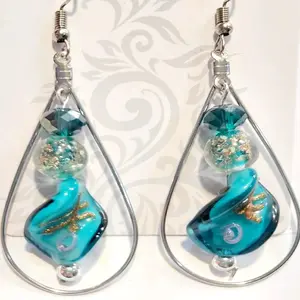 Twisted Teal, Gold, and Silver Drop Dangle Beaded Earrings