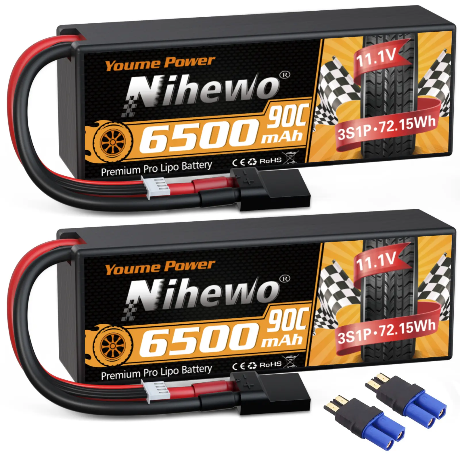 Nihewo 2-Pack RC Lipo Battery, 3S 11.1V 6500mAh 90C High C-Rate Hard Case with TR Connector (Trconnector), Included for 1/8 1/10 RC Vehicle (Rcvehicle) Truck, Car, Truggy (Above 12 Compatible)
