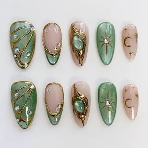 Summer Cat Eye Green Press on nails short almond nails/Glitter Nails/Sparkle Nails/Butterfly Nails/Star Nails/moon nails/3D Gold Chrome nail