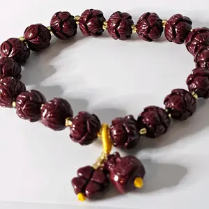 Red Cinnabar Lotus Beads with Lucky bag Four Leaf Clover Crystal Bead Stretch Bracelet Length is 7 Inches Great Gift